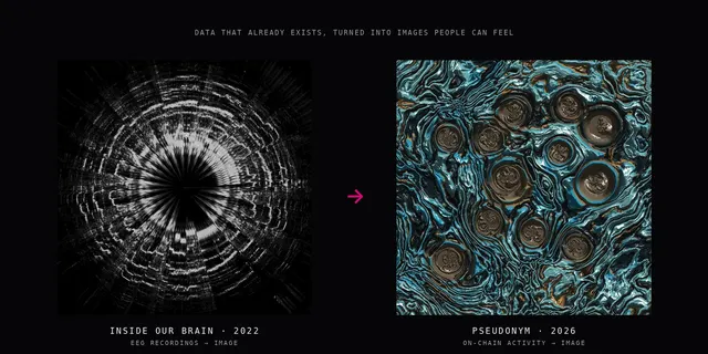 An Inside Our Brains EEG artwork (2022) next to a PSEUDONYM portrait (2026).